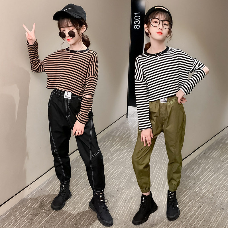 Tide girl net red domineering suit street dance 2021 autumn new big children's striped shoulder T-shirt overalls two-piece suit