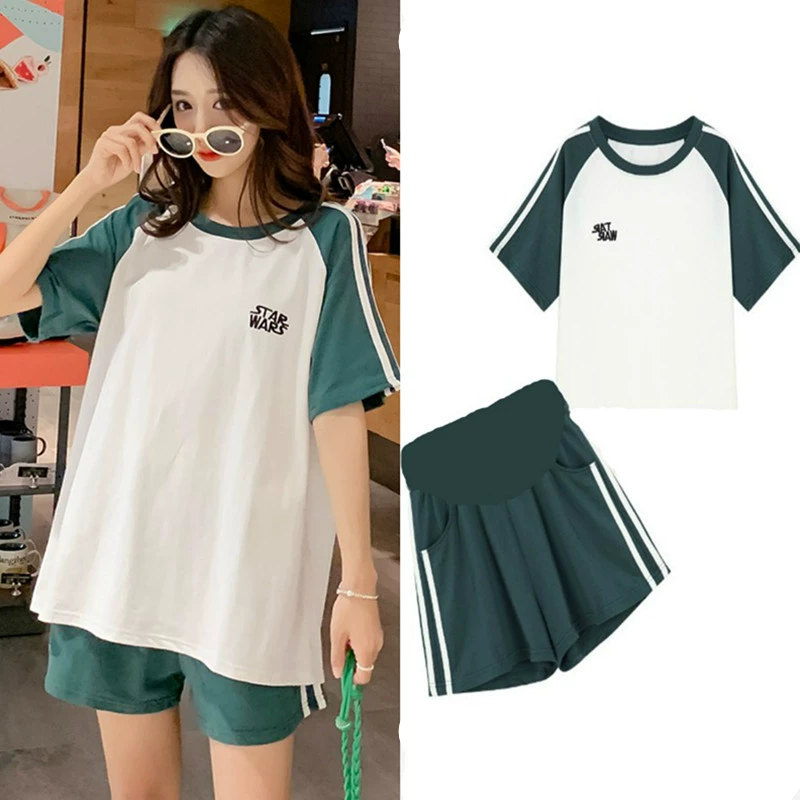 Đồ ngủ bà bầu cotton mỏng mùa hè, bộ đồ ngắn tay rộng rãi thông thường, bộ đồ hai mảnh khi mang thai - Giải trí mặc / Mum mặc