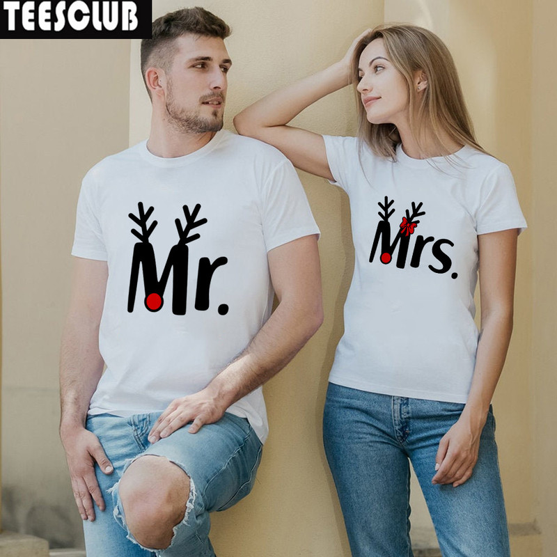 Mr and Mrs Christmas Tshirt Christmas Party Essential Christmas Couple Short-Sleeve T-Shirt ins