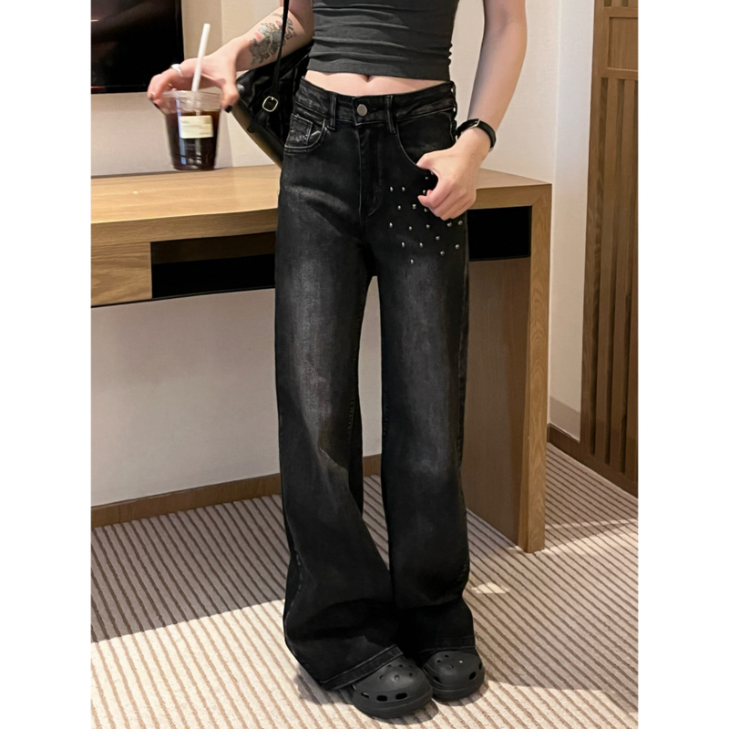 Daluobo Spring and Autumn New Korean Style Mid-Waist Vintage Washed Rivet Slimming Jeans Long Pants for Women Trendy