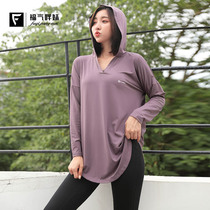 Large size yoga women fat mm loose 200kg solid color medium long over hip fitness sports clothes long sleeve hooded