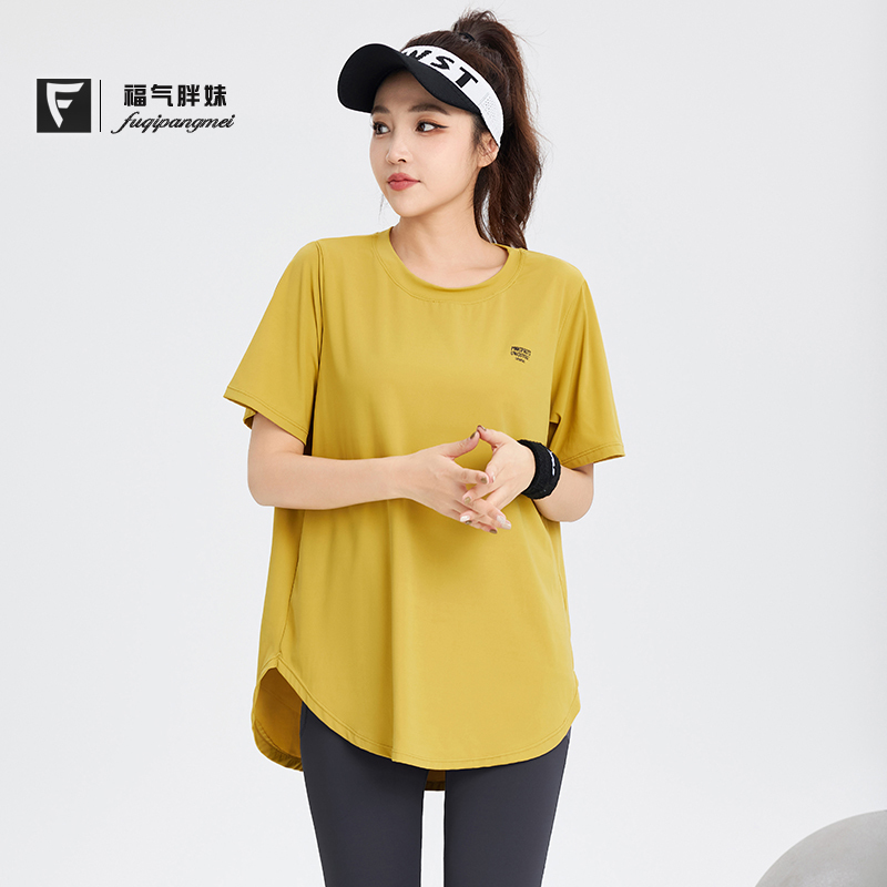 Plus-Size Gym Quick-Dry Clothing for Women, Loose Fit, Short-Sleeved Running and Yoga Wear, Solid Color, Extended Length over the Hips