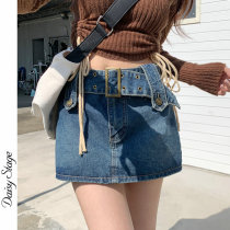 Day Tie A Word Bag Hip Skirt Woman Retro High Waist Display Slim Hot Girl Short Skirt Anti-Walking Light Denim High-end Stylish Half Body Dress