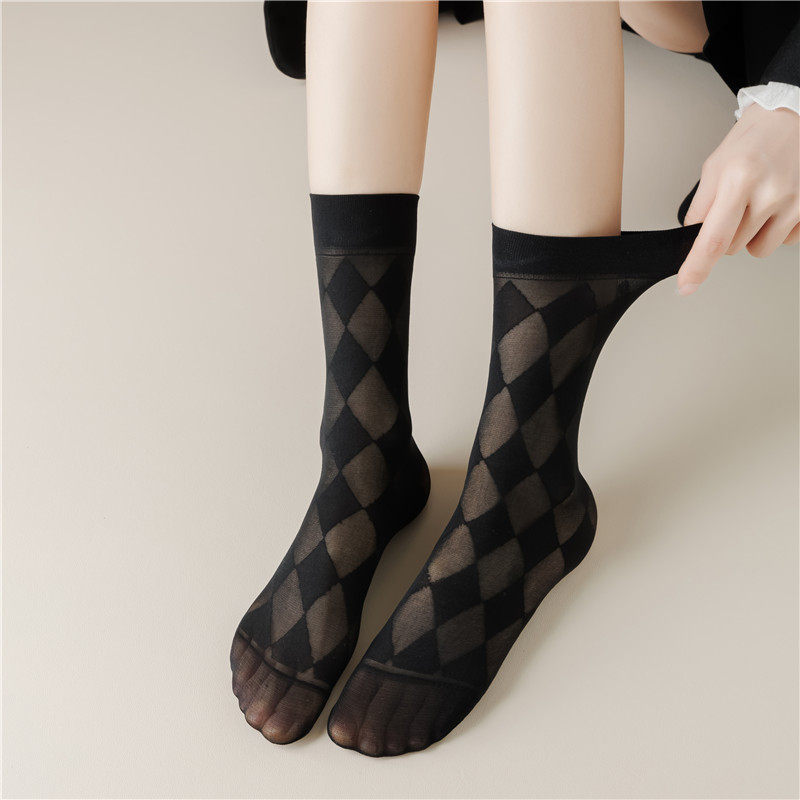 Japanese Black Silk Stockings for Women 2026 Summer Thin Transparent Crystal Glass Silk Long Socks Anti-Snag Mesh Mid-Calf Socks