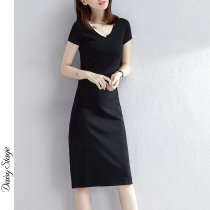 Day-series V-collar short sleeves Black tandem dress High-end Fashion Step Skirt slim fit 100 hitch bottom long dress