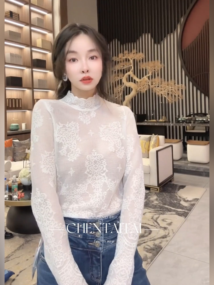 5566 Leaf European station water soluble wool lace sweatshirt 2023 autumn winter new hollowed-out knit inner hitch bottom-Taobao