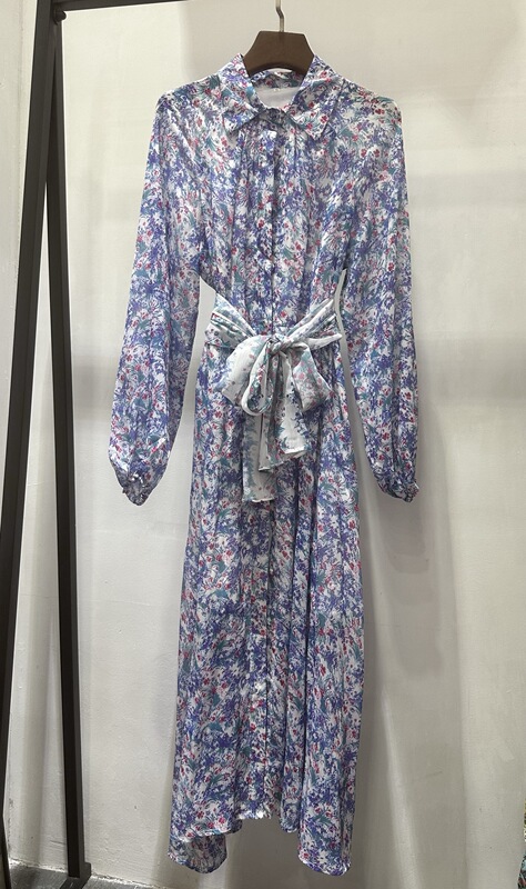 Spring and Autumn Blue Printed Waist-Cinching Mid-Length Dress Spring and Autumn Blue Printed Waist-Cinching Mid-Length Dress