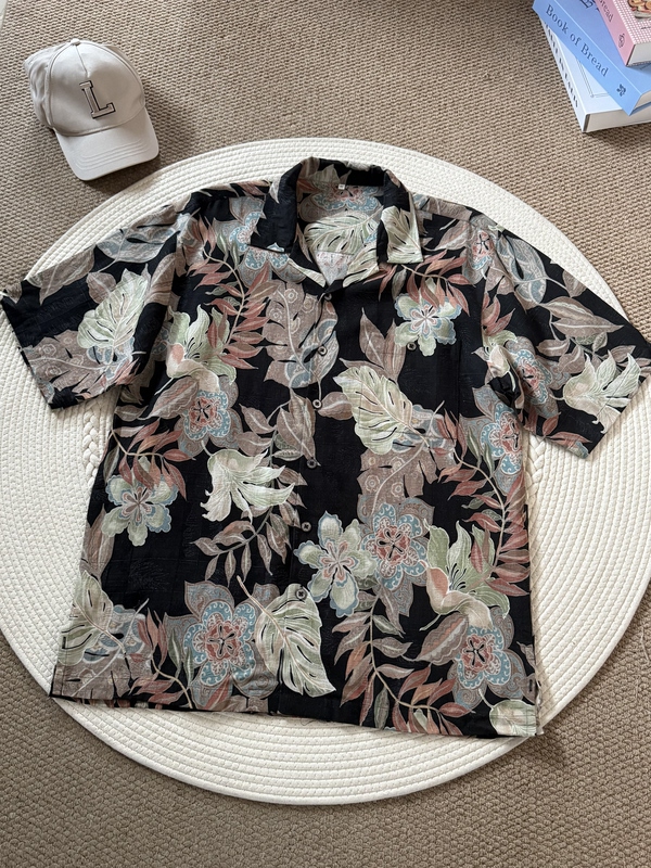 American Casual Brand P Brand Black Palm Tree Monstera Paisley Print Men's Mulberry Silk Linen Short-Sleeved Shirt
