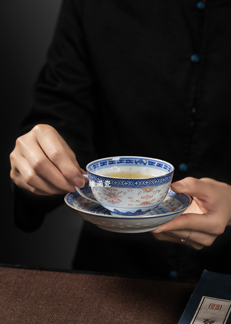 景德鎮緣滿瓷六十年代老廠出口瓷加彩青花玲瓏陶瓷咖啡杯中式茶杯