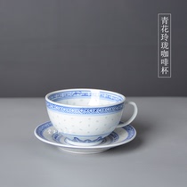 Jingdezhen kung fu tea set old factory goods 80 s blue and white Linglong Dragon Core old tea cup coffee cup ceramic set