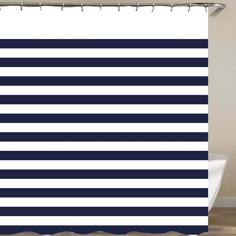 Navy Blue Striped Polyester Fabric Waterproof Shower Curtain Curtain Rod Bathroom Shower Partition Curtain Decorative Hanging Cloth