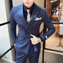  Casual striped double-breasted suit mens suit slim Korean version of the hair stylist small suit Mens trendy handsome suit