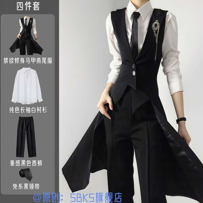 Abstinence-Style Black Mid-Length Vest Suit for Men, Spring and Autumn High-End Dress Coat, Slim-Fit Unisex Style Tailcoat Abstinence-Style Black Mid-Length Vest Suit for Men, Spring and Autumn High-End Dress Coat, Slim-Fit Unisex Style Tailcoat