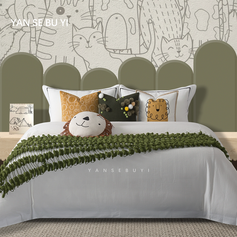 Children's Exhibition Hall Model Room Youth Furniture with Matching Bedding, Green-Themed Lion Children's High-End Soft Furnishings Multi-Piece Set