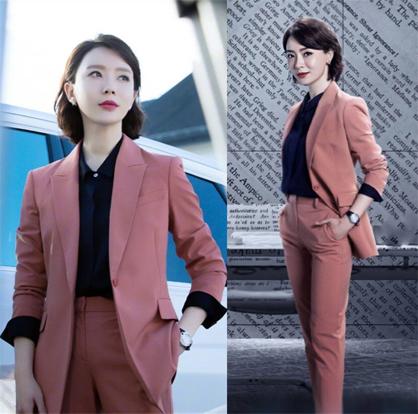 Star Chen Shu with the same spring new temperament pink suit suit female Korean version professional OL waist suit two-piece suit