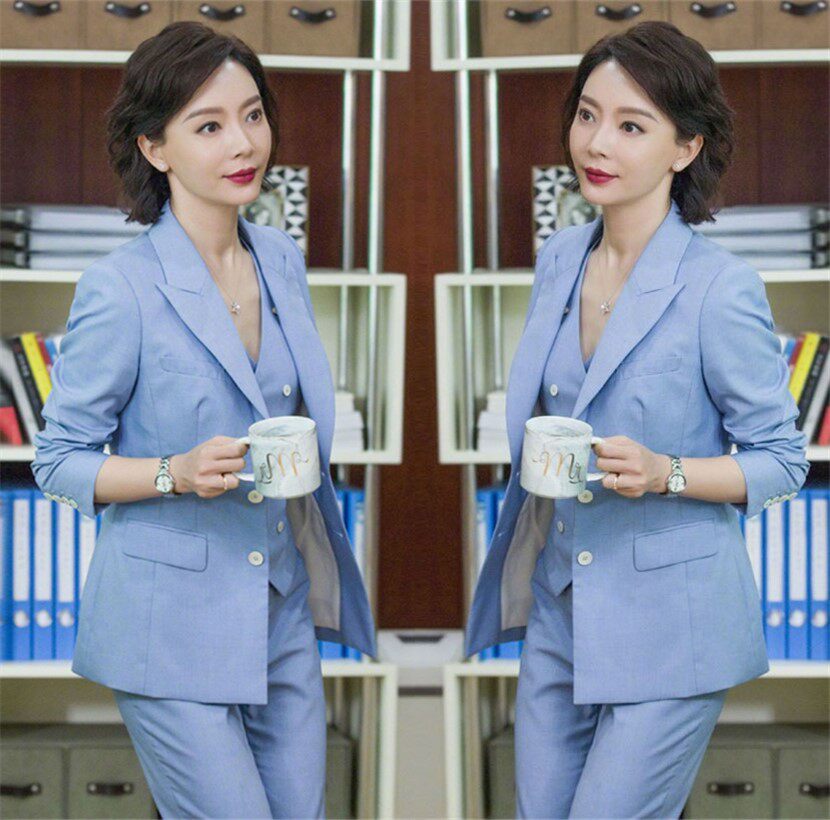 Chen Shuxing with the same spring and autumn blue Korean suit female professional OL suit suit vest nine-point pants three-piece suit