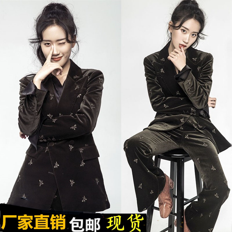 Autumn temperament black high-end light luxury gold velvet suit female high-end professional embroidery suit two-piece suit