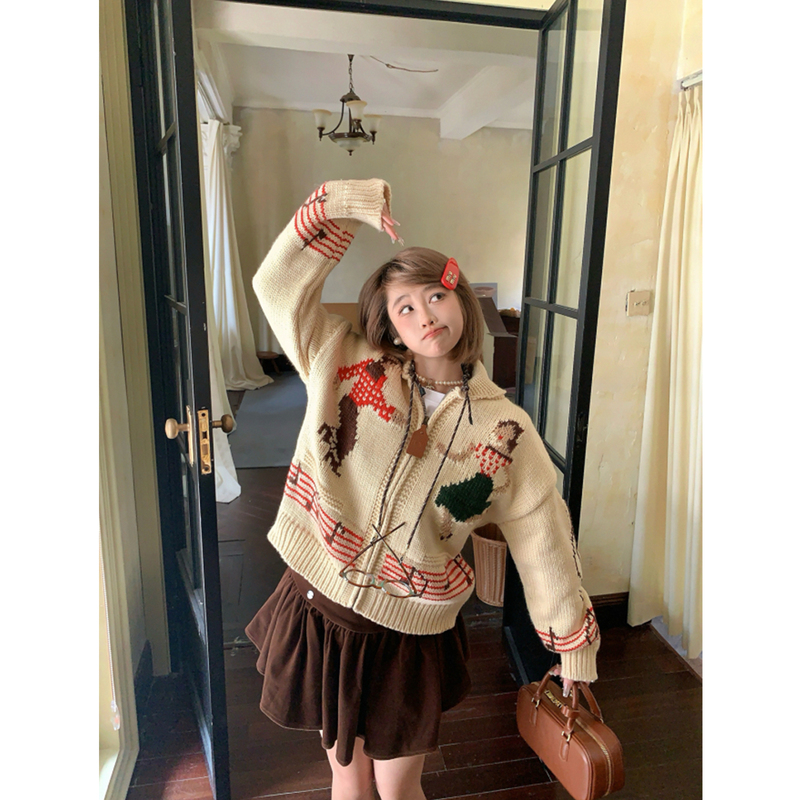 A Cup of Iced Americano Cartoon Print Lapel Soft Retro Knit Cardigan Top for Women, Autumn and Winter Thick Knit Sweater Jacket A Cup of Iced Americano Cartoon Print Lapel Soft Retro Knit Cardigan Top for Women, Autumn and Winter Thick Knit Sweater Jacket