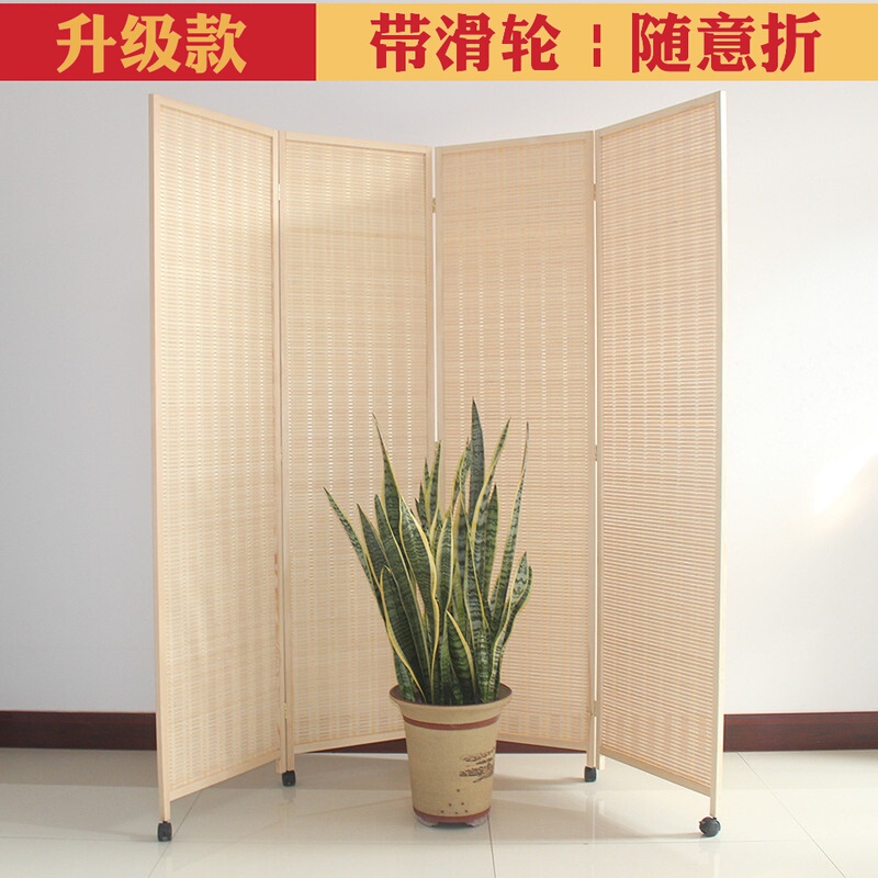 Mobile Screen Partition with Sliding Wheels, Foldable Solid Wood Bamboo Weaving, Simple Office Restaurant Japanese Style Sliding Screen with Wheels