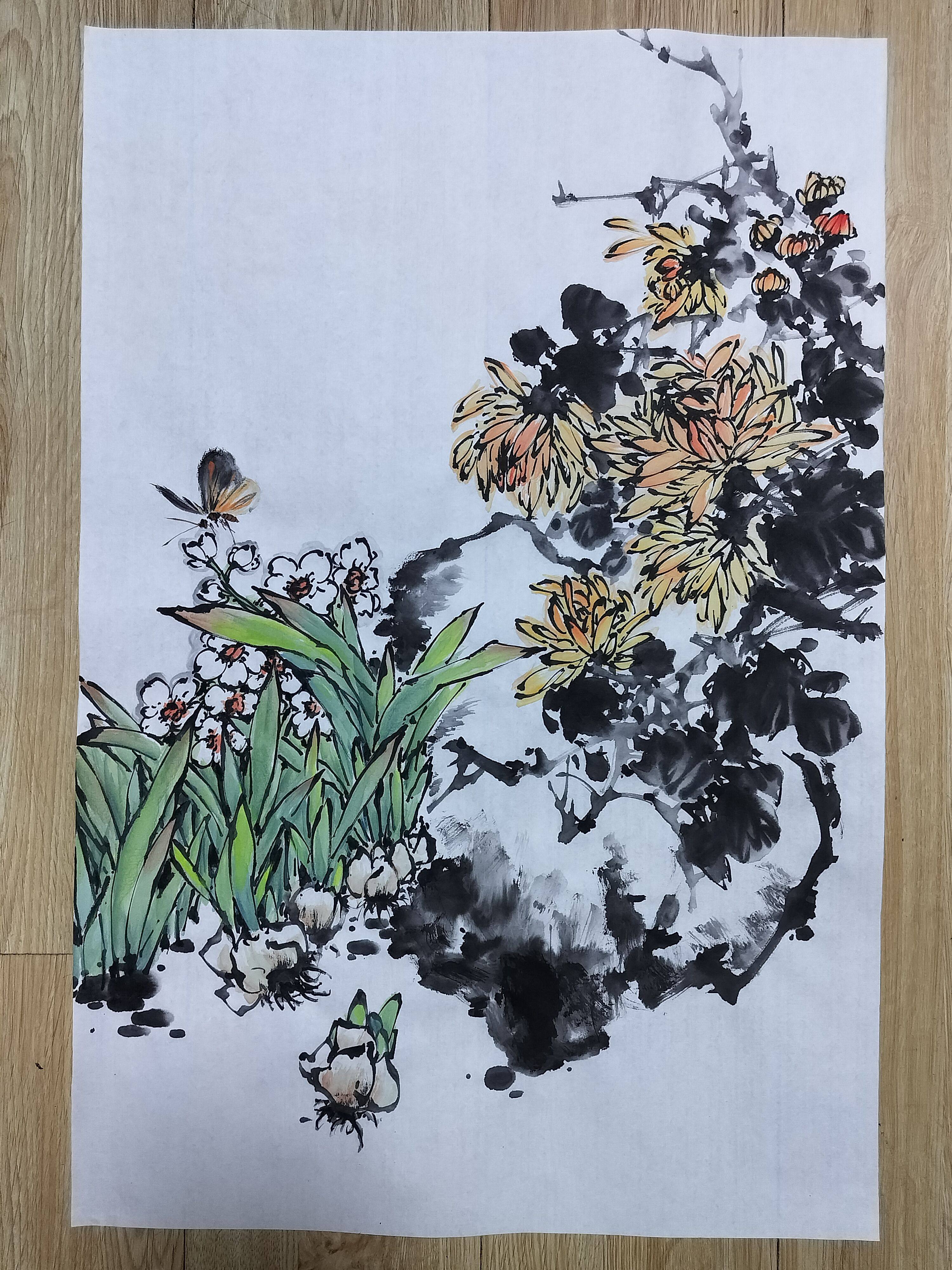 国画写意花鸟纯手绘水墨菊花水仙梅兰竹菊宣纸画芯无款四尺三开