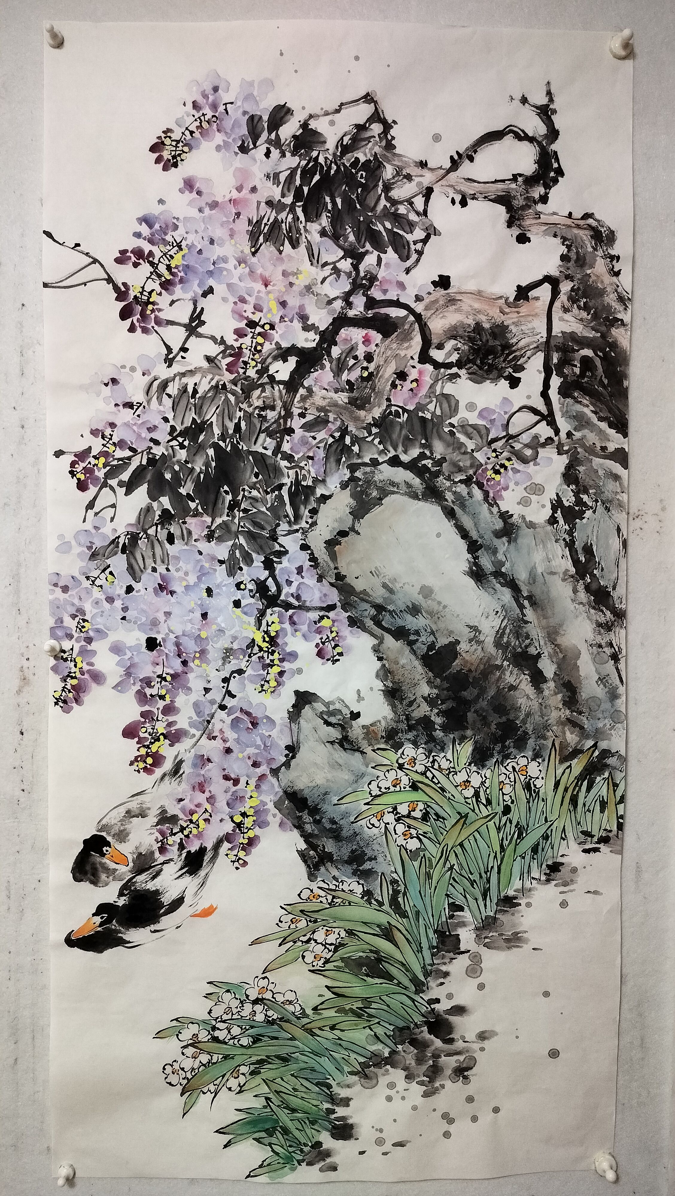 国画写意花鸟纯手绘水墨画紫藤宣纸画芯无款无框四尺整张