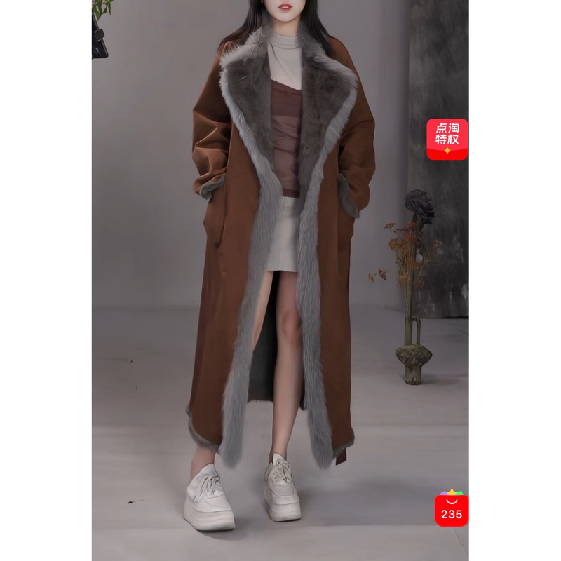 Reversible Fox Fur Collar Rabbit Fur Integrated Coat for Women, Mid-Length, Over-The-Knee, Lapel, Belted, Fur Length 109 Reversible Fox Fur Collar Rabbit Fur Integrated Coat for Women, Mid-Length, Over-The-Knee, Lapel, Belted, Fur Length 109