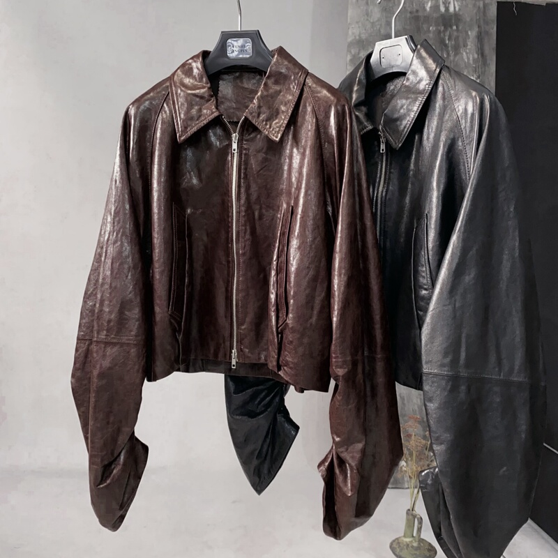 First-Layer Sheepskin European Oil-Waxed Sheepskin Genuine Leather Jacket for Women with Lapel and Zipper, Short and Long Styles 51