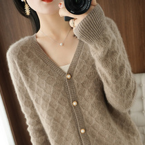 Light extravagant retro wool knit cardiovert jacket woman spring new v collar loose pure cashmere outlap blouse
