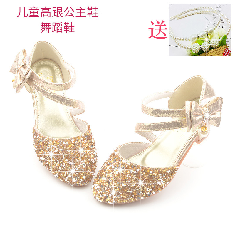 Girls' Double-Lace High-Heeled Princess Shoes Korean Style Kidsren's Golden Performance Crystal Shoes Little Girl's Catwalk Piano Leather Shoes
