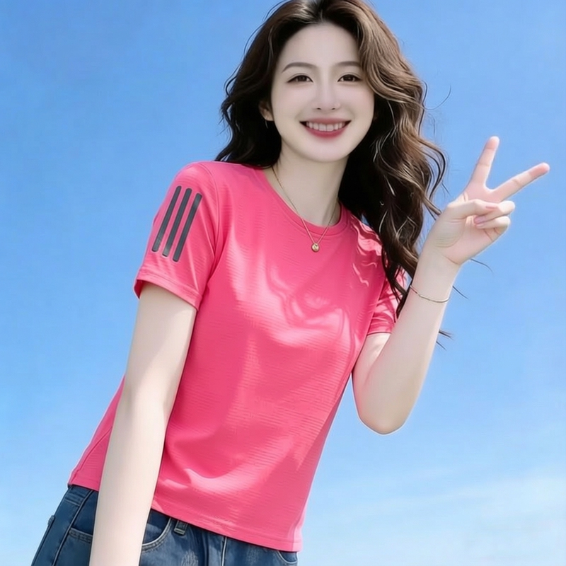 Sweet Casual Style Ice Silk Quick-Drying Women's Short-Sleeved T-Shirt Summer Loose Round Neck Pink Stripesd Sports Top Sweet Casual Style Ice Silk Quick-Drying Women's Short-Sleeved T-Shirt Summer Loose Round Neck Pink Stripesd Sports Top