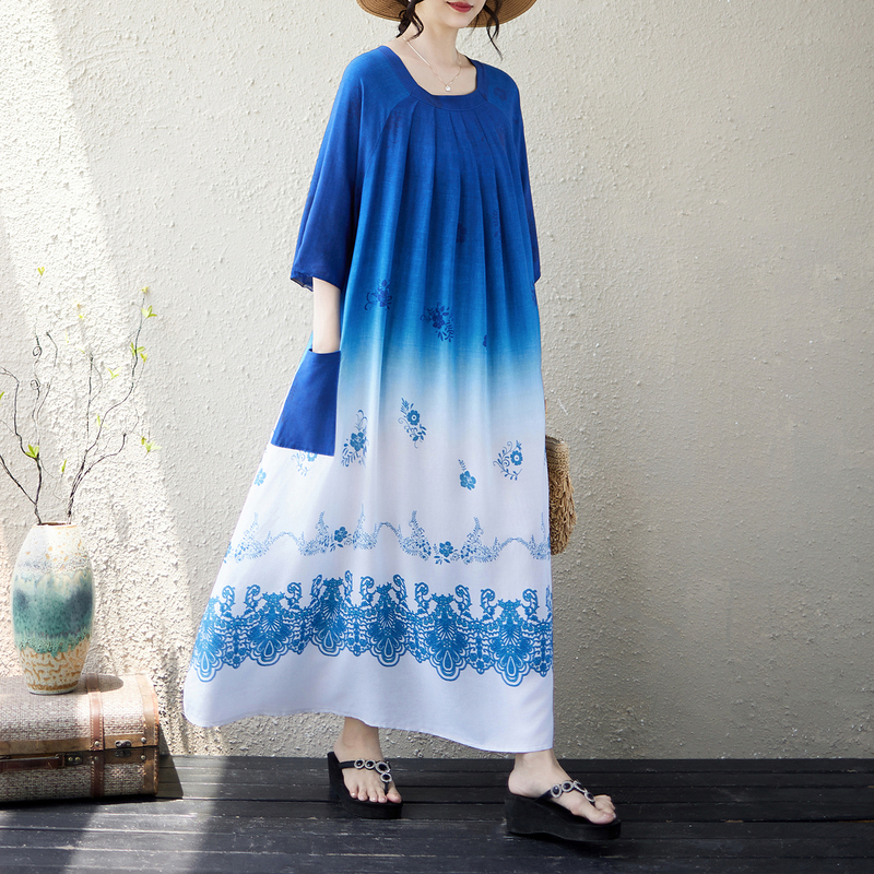 Mom's Cotton Silk Dress, High-End Light Luxury, Sophisticated Feel, Women's Summer Plus Size, Loose Fit, Elegant, Body-Covering Long Dress with Large Pockets