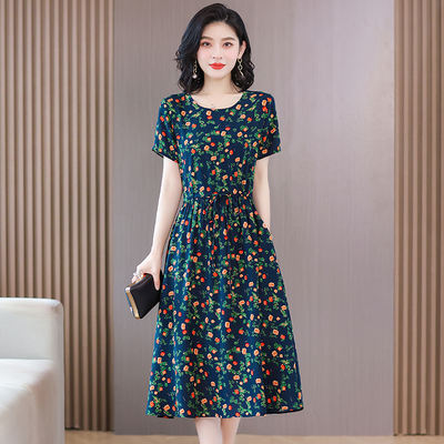 2026 New summer high-count pure cotton silk dress, elegant artificial cotton long dress for middle-aged and elderly mothers aged 40 to 50