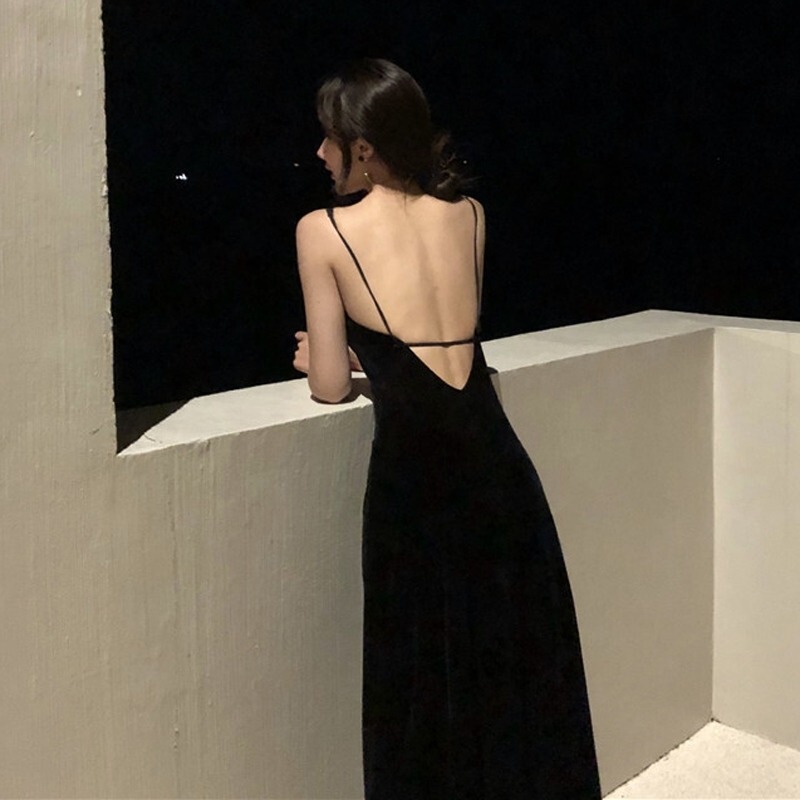 Hepburn-Style Waist-Cinching Slit Little Black Dress, Summer French A-Line Travel Vacation Sexy Backless V-Neck Strap Dress for Women