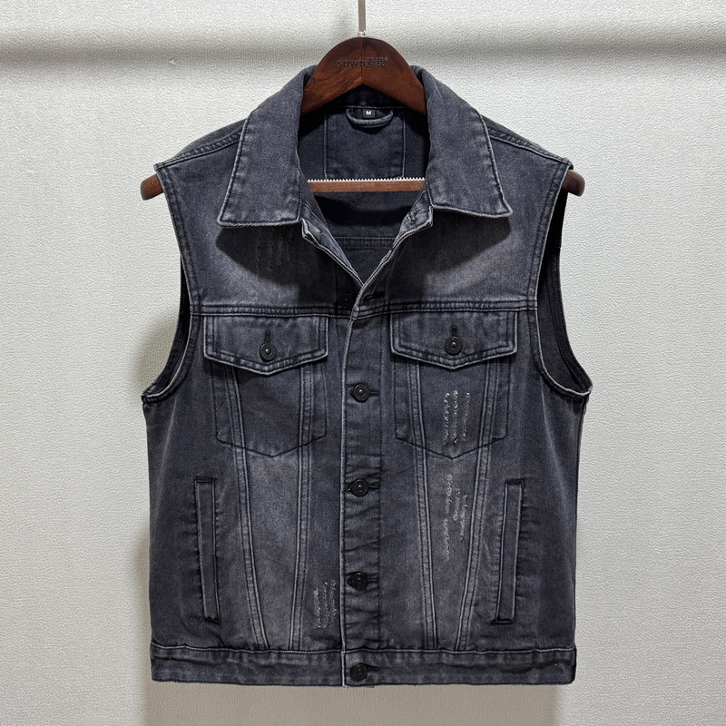 Spring and Summer Vintage Black and Gray Denim Vest for Men, American Style ins Trendy Sleeveless Jacket, Biker Vest, Men's Vest Spring and Summer Vintage Black and Gray Denim Vest for Men, American Style ins Trendy Sleeveless Jacket, Biker Vest, Men's Vest