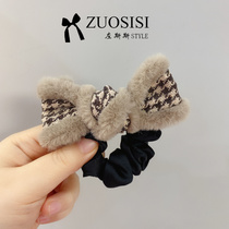 Childrens autumn and winter New bow Hairband thousand bird grid Pukin color plush girl leather band Han fan