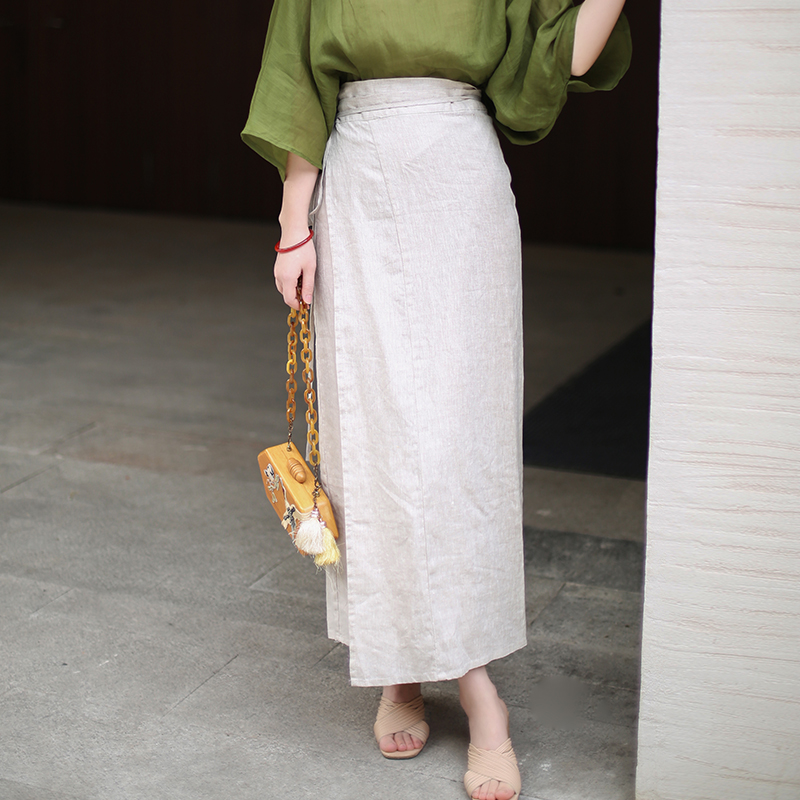 白瑞秋ナチュラルピュアリネンラップスカートワンピースハイウエスト新作春無地2025新作中国風ハーフ丈スカート女性