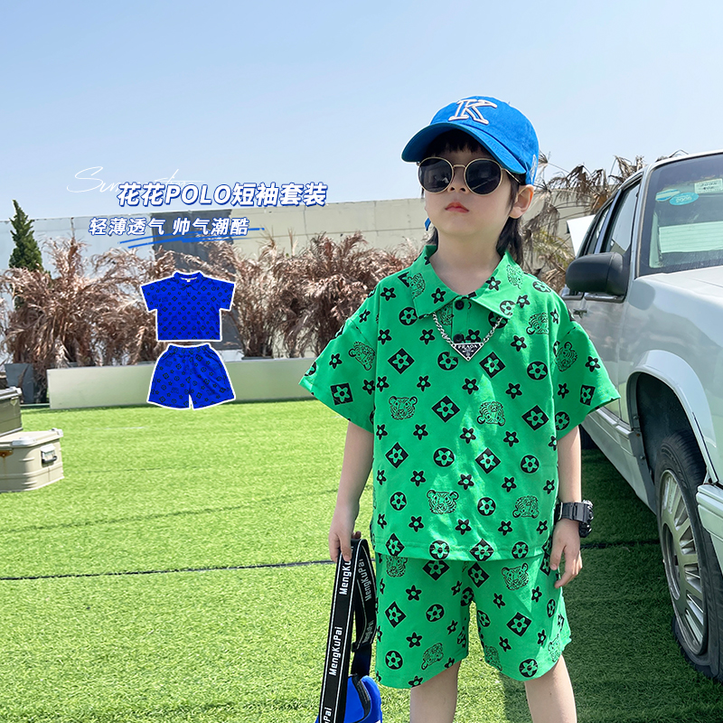 Boy Summer Suite 2022 new children Short sleeves POLO Shirt dress Ocean Pays Baby nets Red clothes Two sets