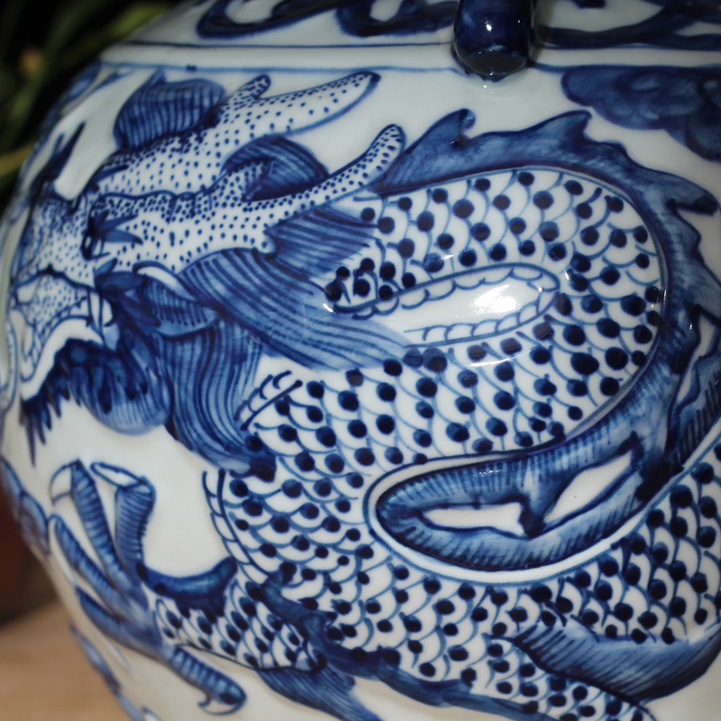 Imitation of yuan blue and white peony dragon large pot of yuan dynasty blue and white peony dragon benevolent ears blue - and - white porcelain jar of big as cans