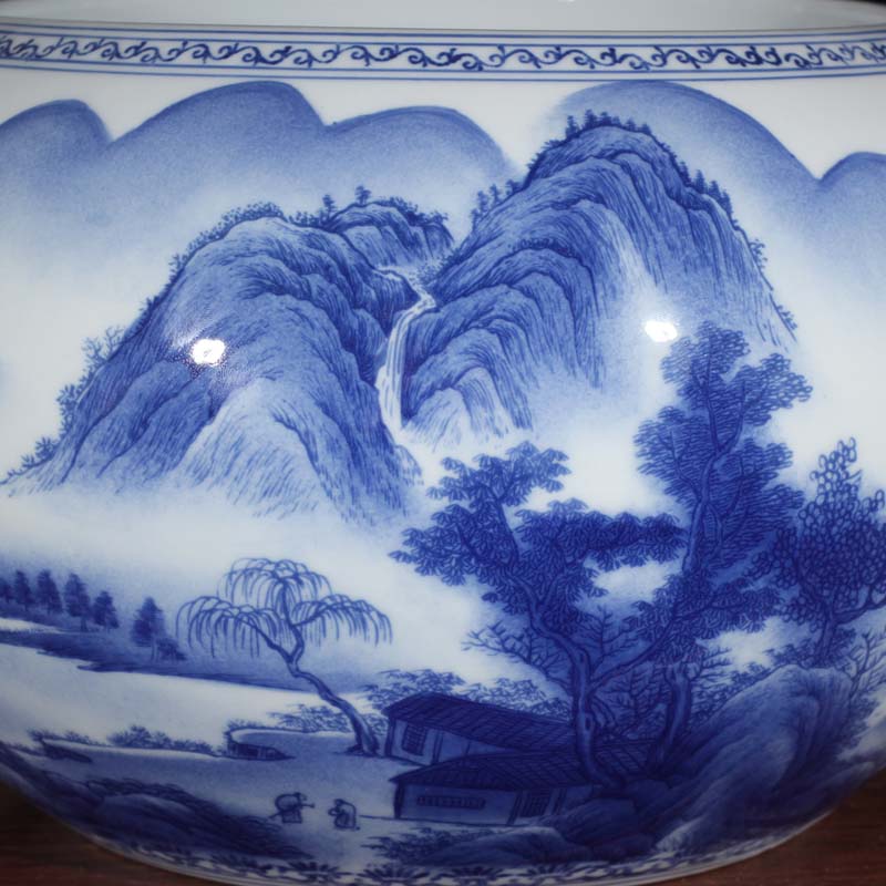 Blue and white writing brush washer aquarium water shallow high - grade ceramic painting outside in a double - sided painting landscape tong qu furnishing articles