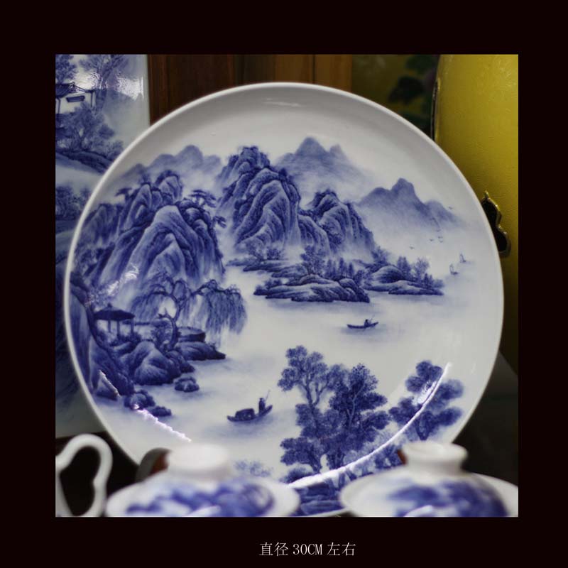 Jingdezhen pure hand - made scenery China plate 20-30 youligong hand - made ceramic plate landscape blue - and - white decoration plate