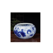 Jingdezhen hand-painted blue and white double-sided porcelain brush washed lotus fish Blue and white porcelain shallow brush washed display vase
