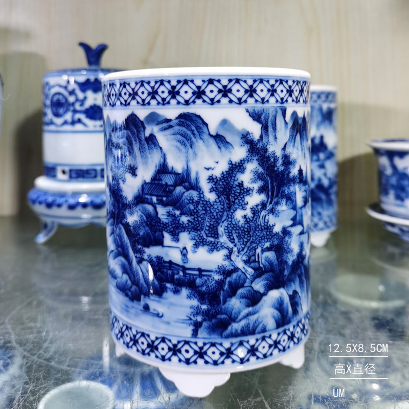 Jingdezhen hand - made scenery high - grade porcelain brush pot rich ancient frame display porcelain brush pot cap tube of pure hand - made of porcelain