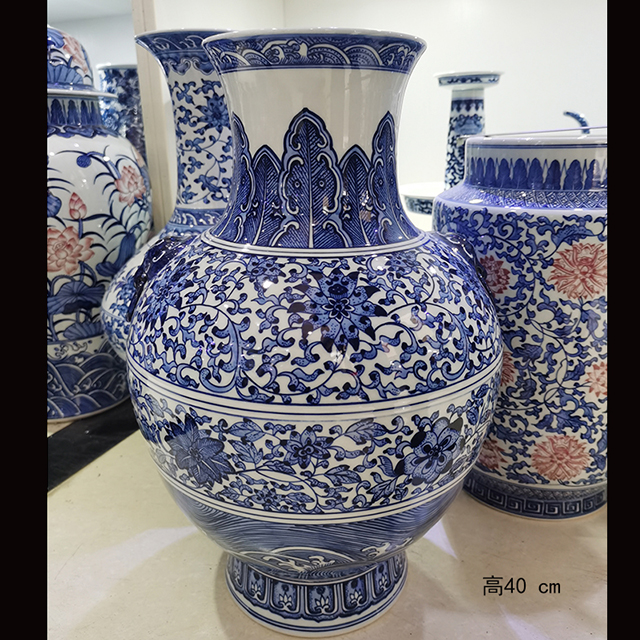 About 40 high 35 ears blue porcelain vases bound branch lotus tsinghua vase with ears sweet grain vase