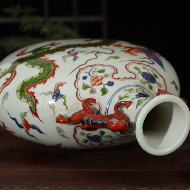 Jingdezhen porcelain dou dragon grain ears flat bottles of yuanyang grain flat hand antique XuanDeCai porcelain vase