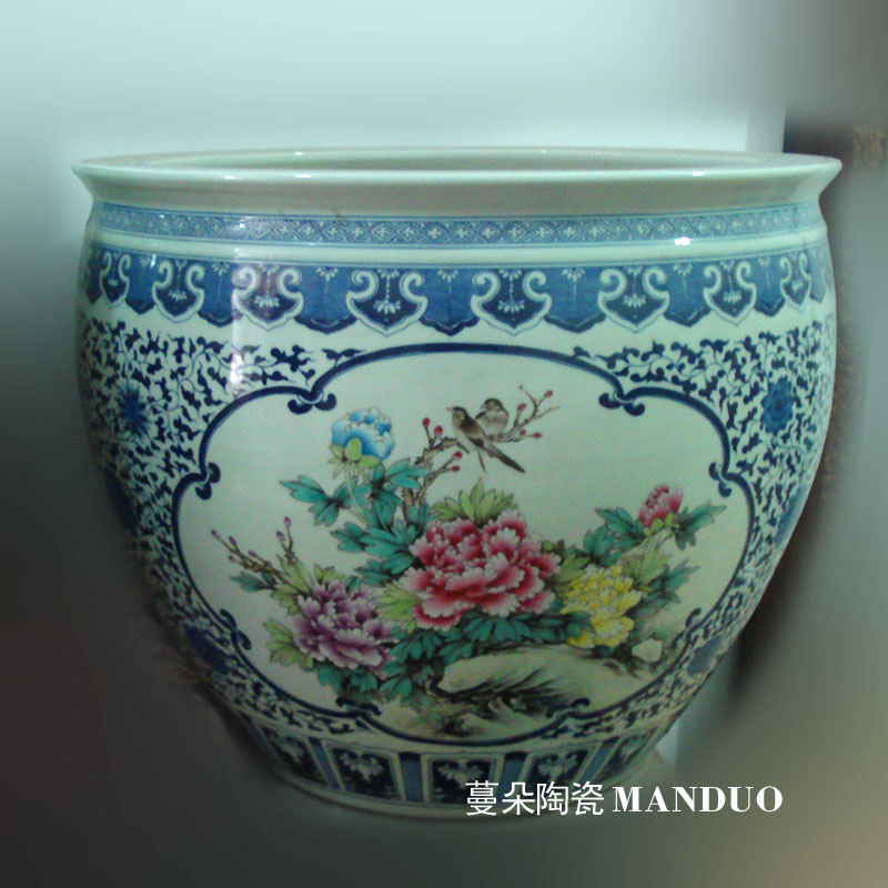 Jingdezhen blue and white color bucket hand - made peony cylinder diameter 60 courtyard sitting room is big hand draw four seasons flower cylinder