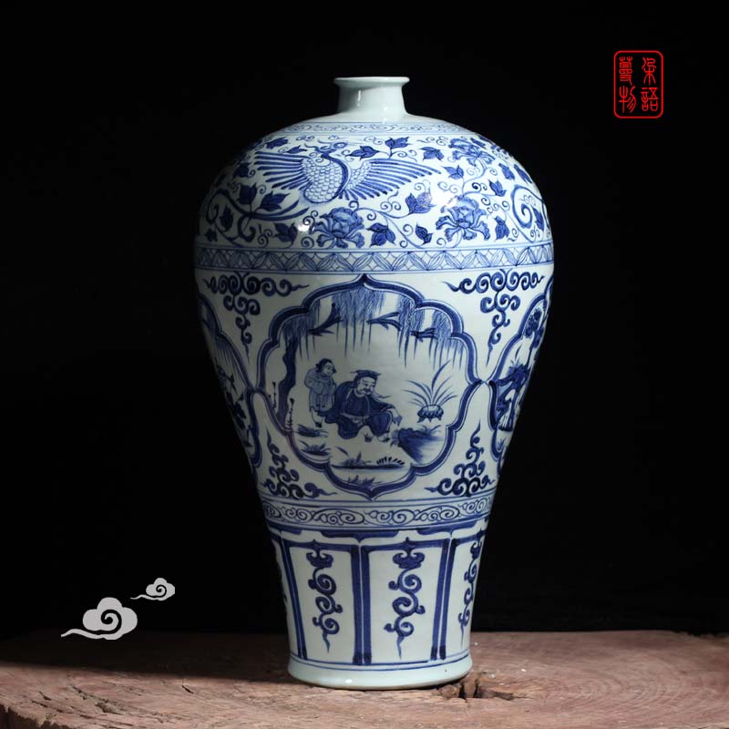 Jingdezhen yuan blue and white four love mei bottle high copy jingzhou city, hubei province museum of yuan blue and white figure four love mei bottles