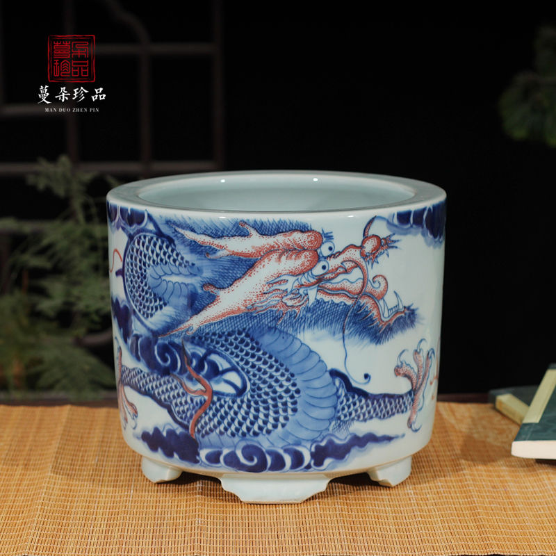 Blue and white porcelain dragon pattern censer temple temple statues furnishing articles present dragon WenXiangLu jingdezhen porcelain art