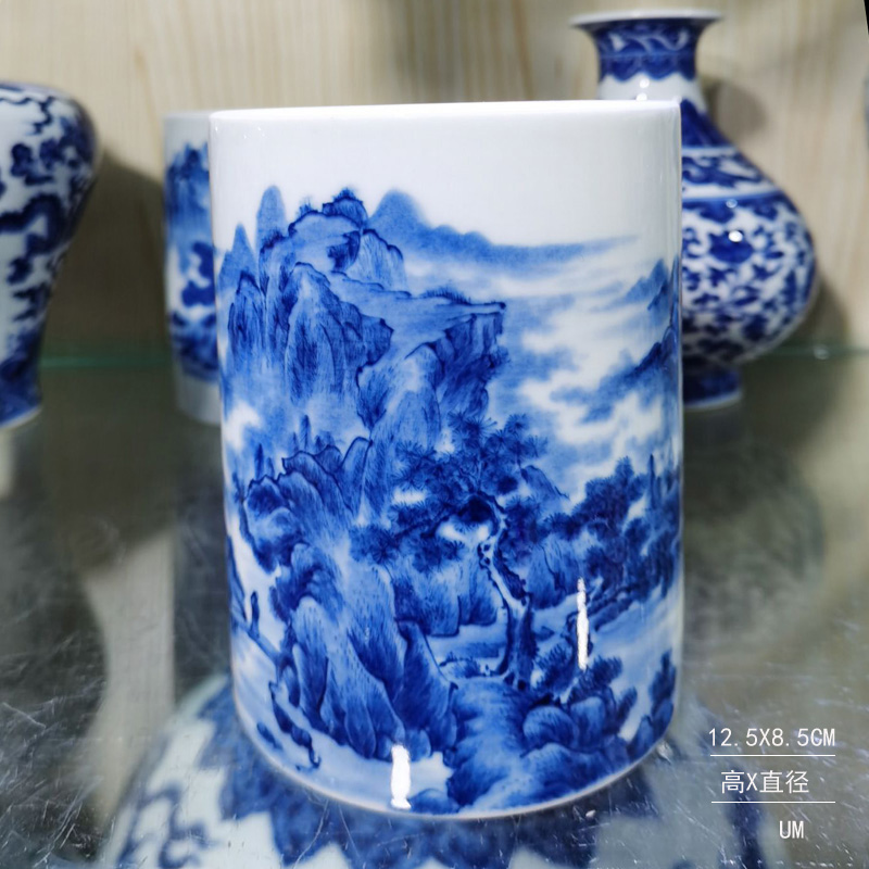 Jingdezhen hand - made scenery high - grade porcelain brush pot rich ancient frame display porcelain brush pot cap tube of pure hand - made of porcelain