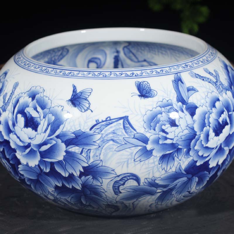 Blue and white double - sided peony peony writing brush washer from jingdezhen Blue and white porcelain porcelain basin display writing brush washer water is shallow