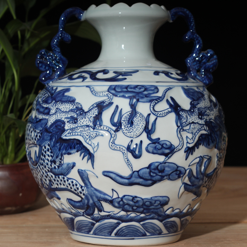 Imitation of yuan blue and white peony dragon large pot of yuan dynasty blue and white peony dragon benevolent ears blue - and - white porcelain jar of big as cans